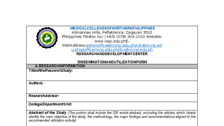 Dissemination and Utilization Form for Research Study MCNP - Studocu