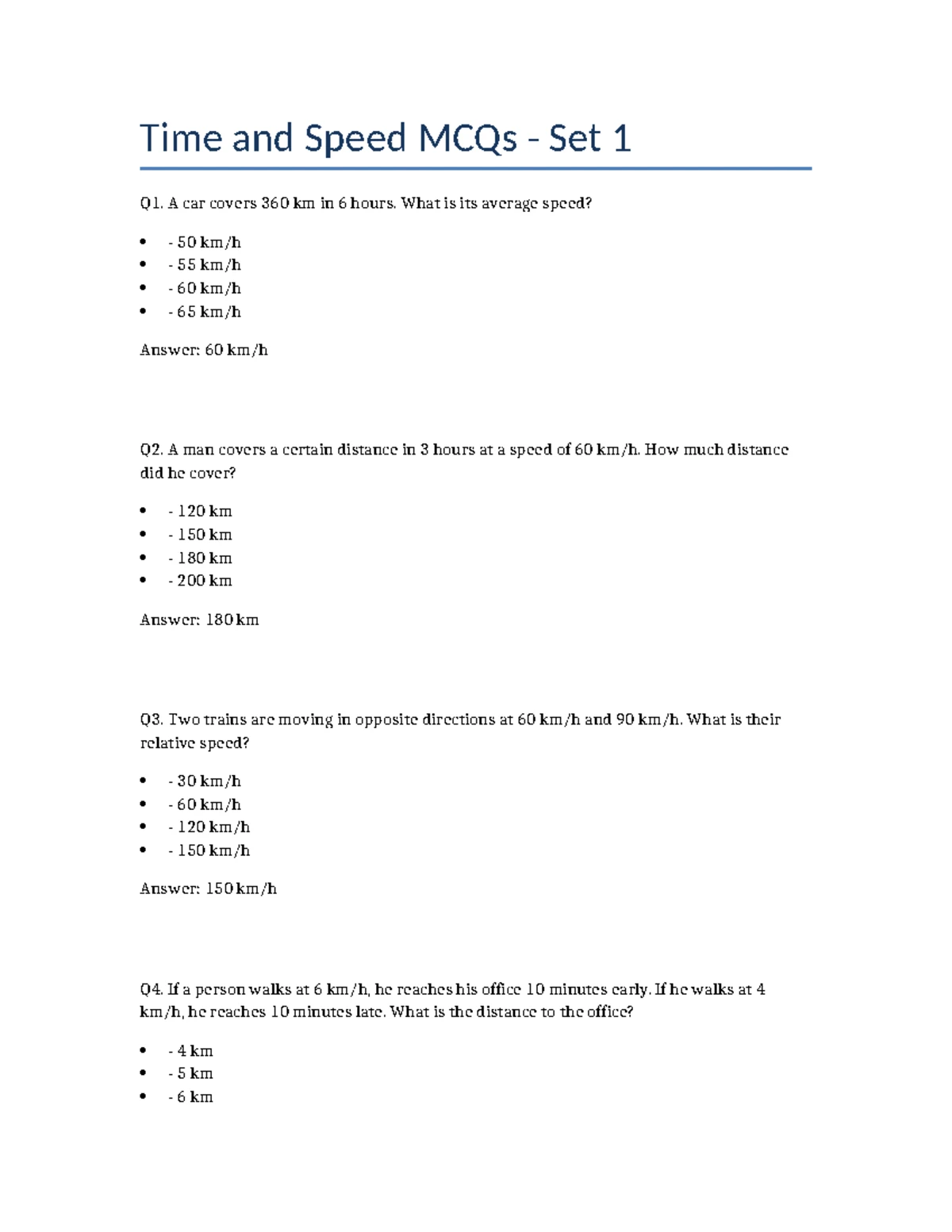Time and Speed MCQs Set 4: Practice Questions and Answers - Studocu