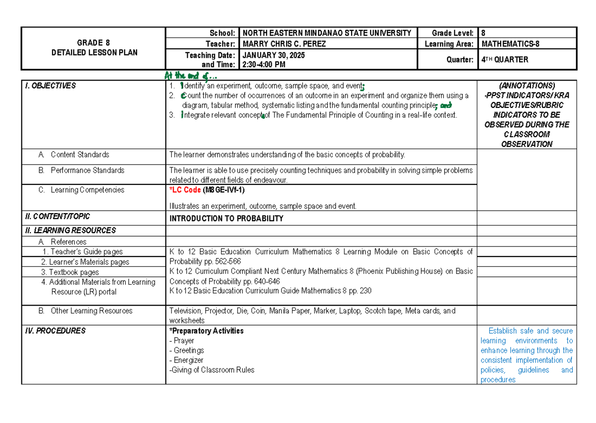 Detailed Lesson Plan on Probability for Grade 8 Math (M8GE-IVf-1) - Studocu