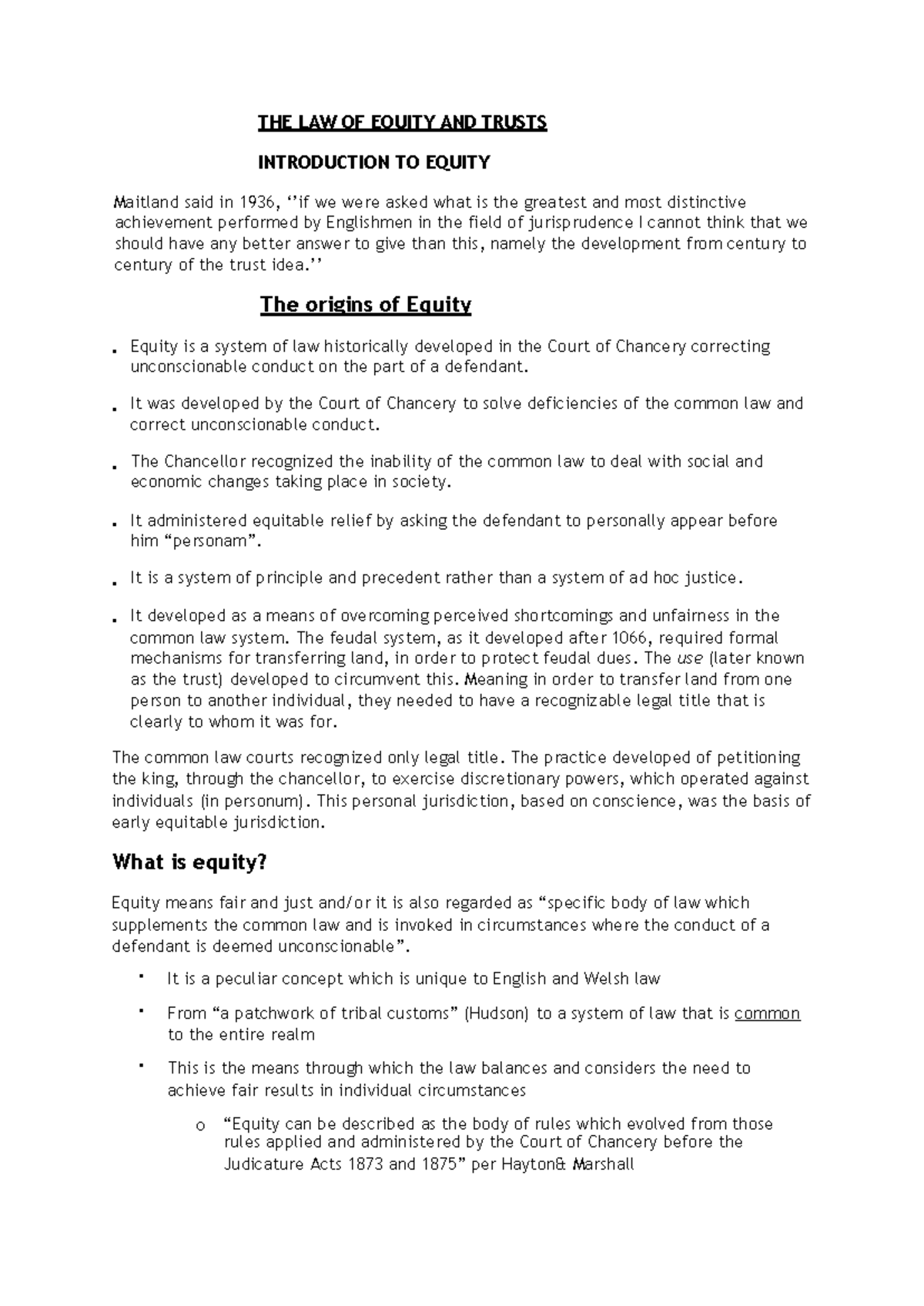 Equity AND Trusts Lecture Notes - Key Concepts & Principles - Studocu