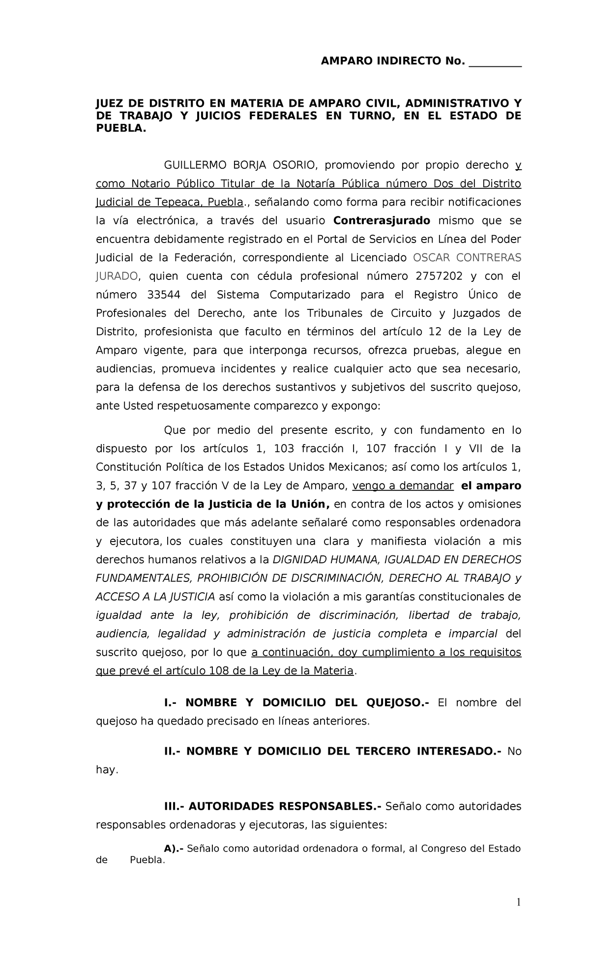 Demanda de Amparo Indirecto - Juez de Distrito en Puebla - Guillermo ...