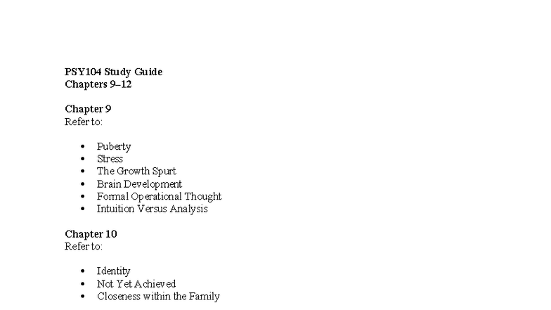 PSY104 Study Guide Ch 9-12 - PSY104 Study Guide Chapters 9– Chapter 9 ...