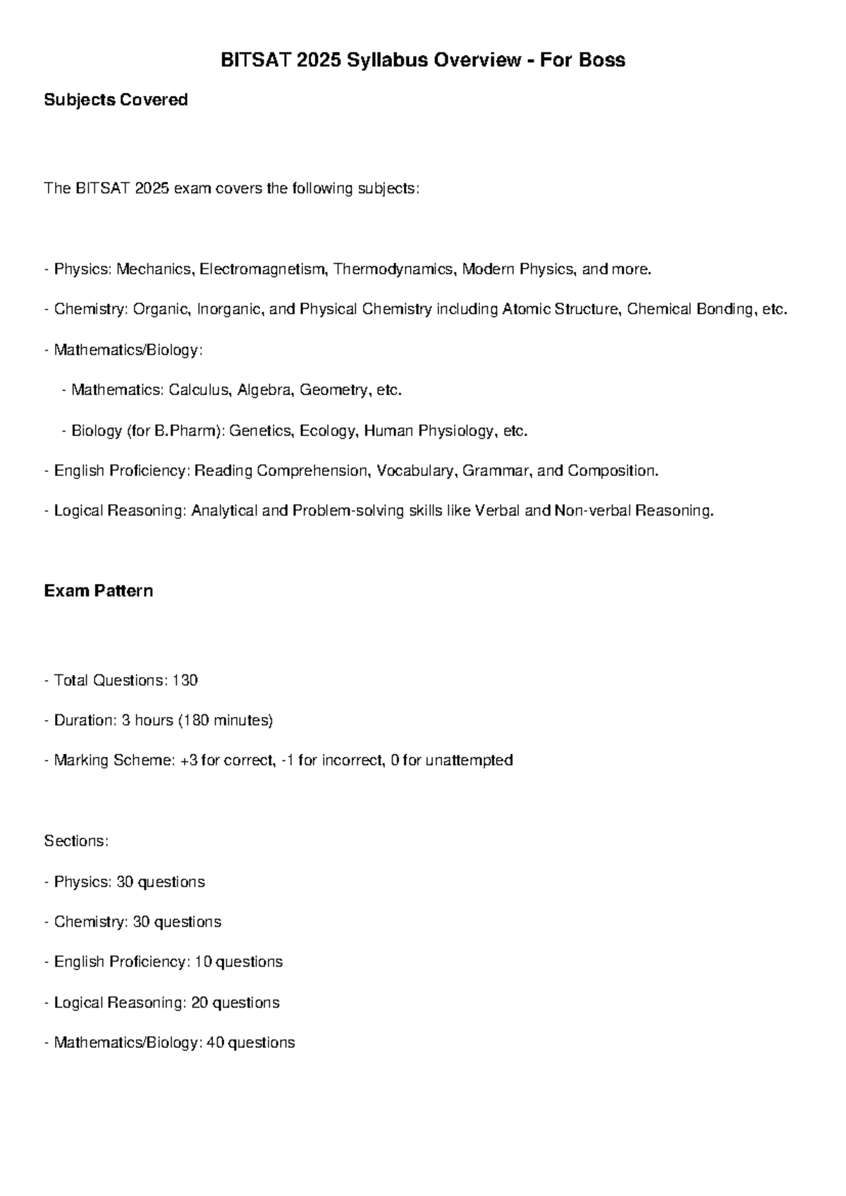 BITSAT 2025 Syllabus Overview for Key Subjects and Exam Pattern - Studocu