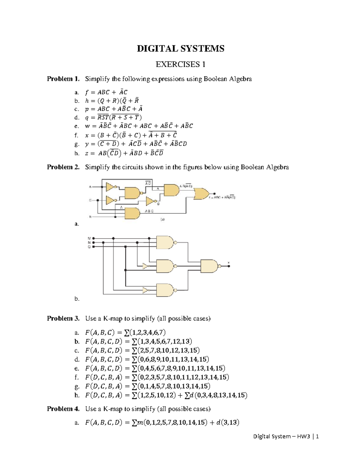 DIGITAL SYSTEMS HW3: Boolean Algebra Exercises and Circuit Design - Studocu