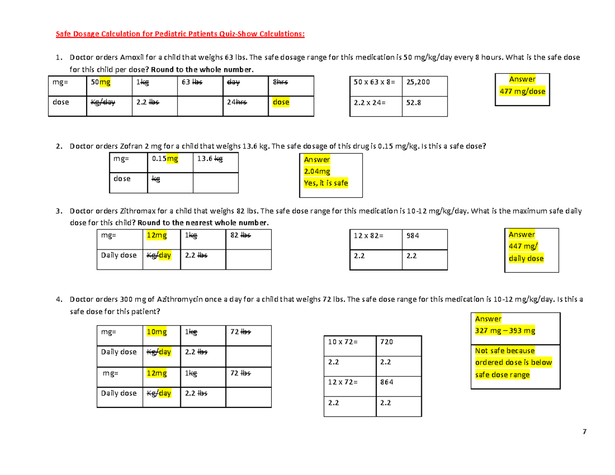 Pedi Practice Math Key - 7 Safe Dosage Calculation for Pediatric ...