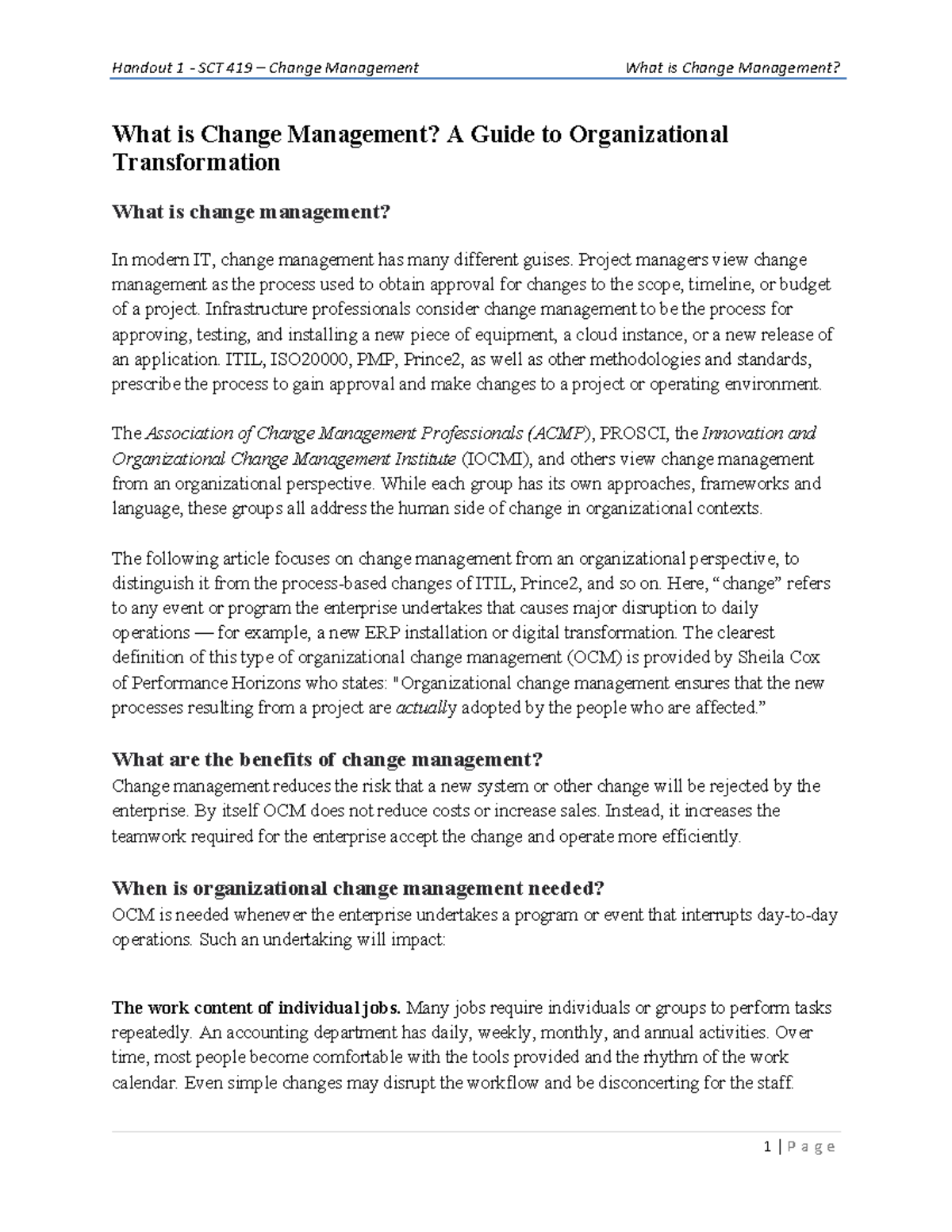 SCT 419 Handout 1: Understanding Change Management in Organizations ...