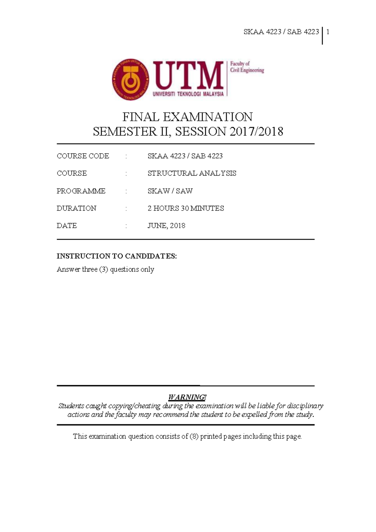 SKAA 4223 SAB 4223 Final Exam Past Paper - June 2018 - Studocu