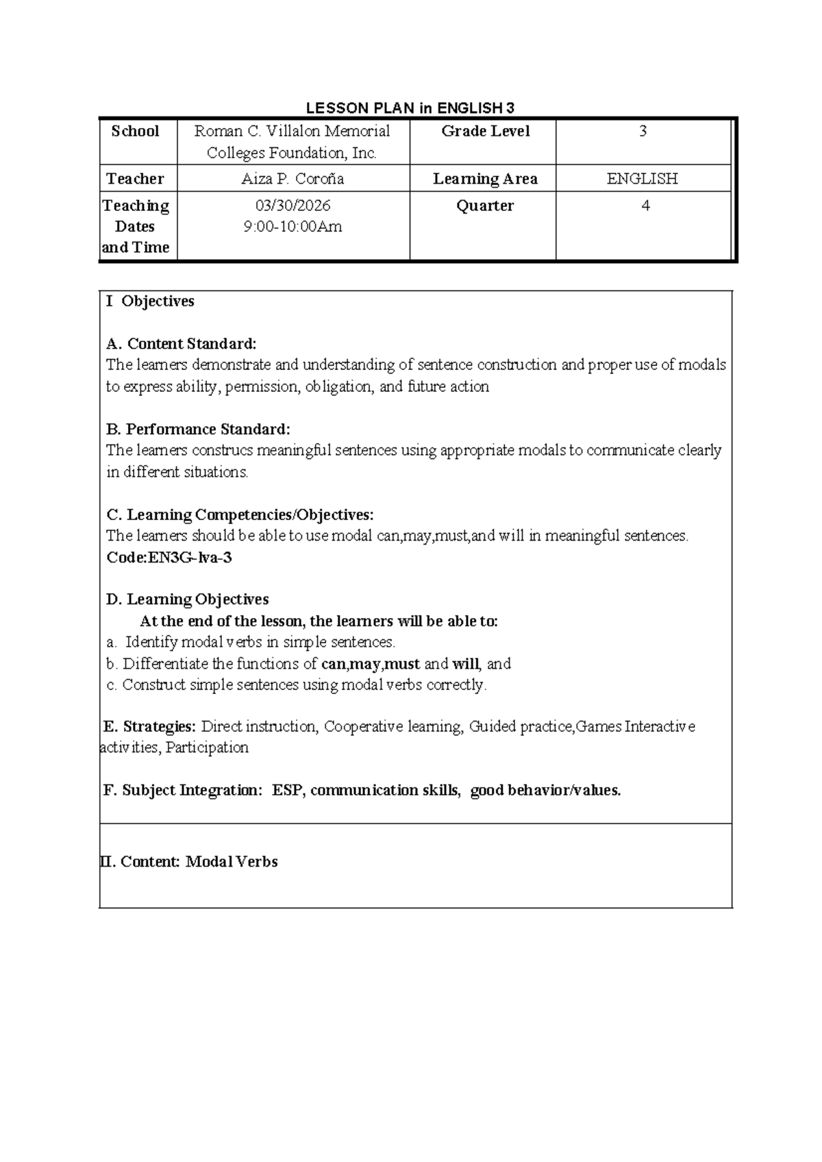 DLP G3 - Final Demo Lesson Plan on Modal Verbs - Studocu