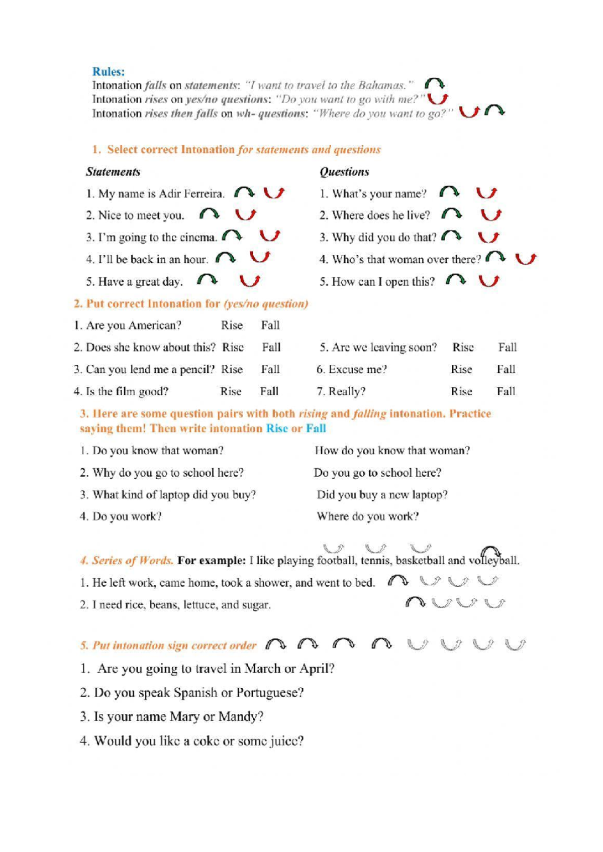 Worksheet on Intonation Patterns: Statements & Questions - Studocu