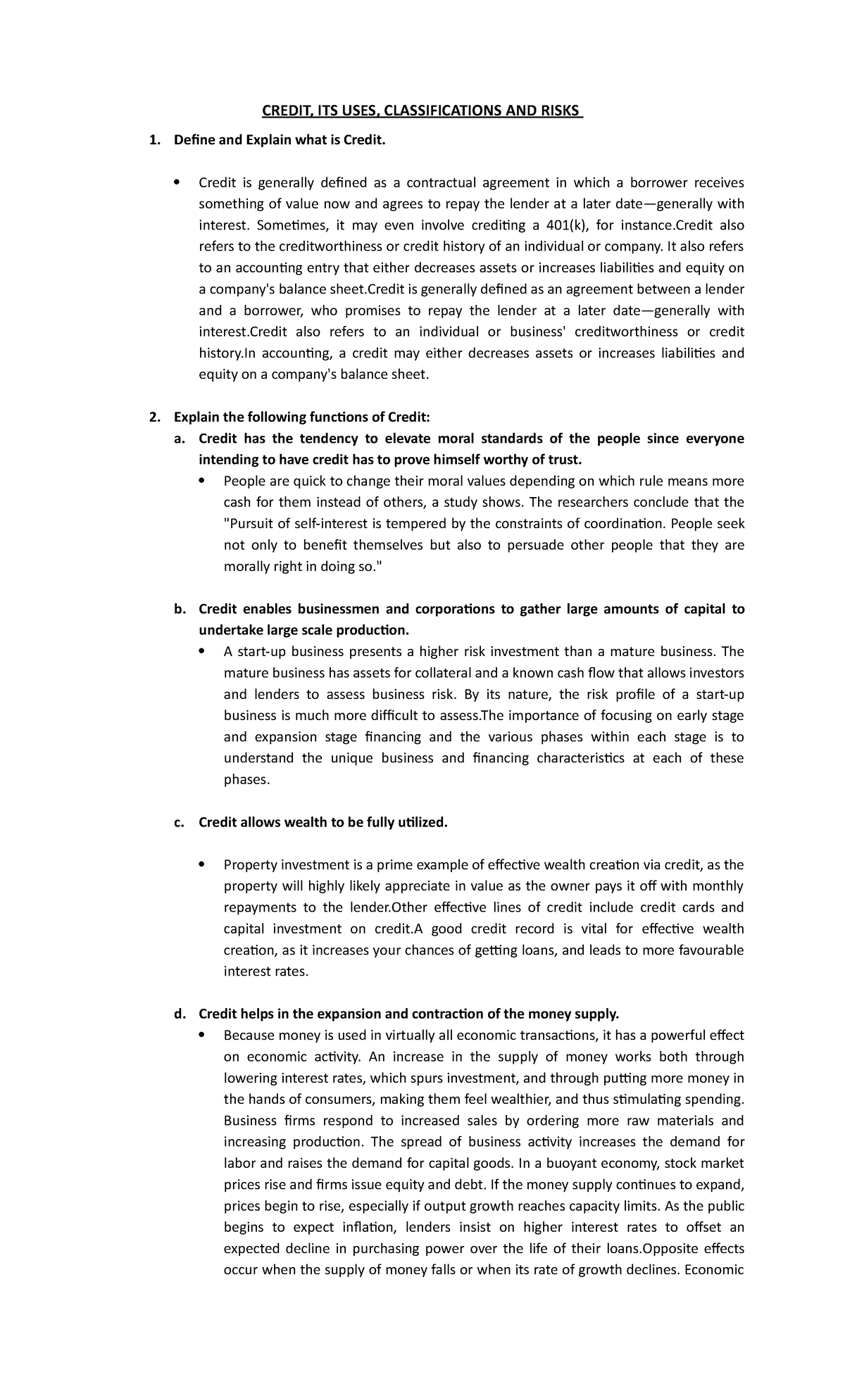Credit and Its Uses classifications and Risk - CREDIT, ITS USES ...