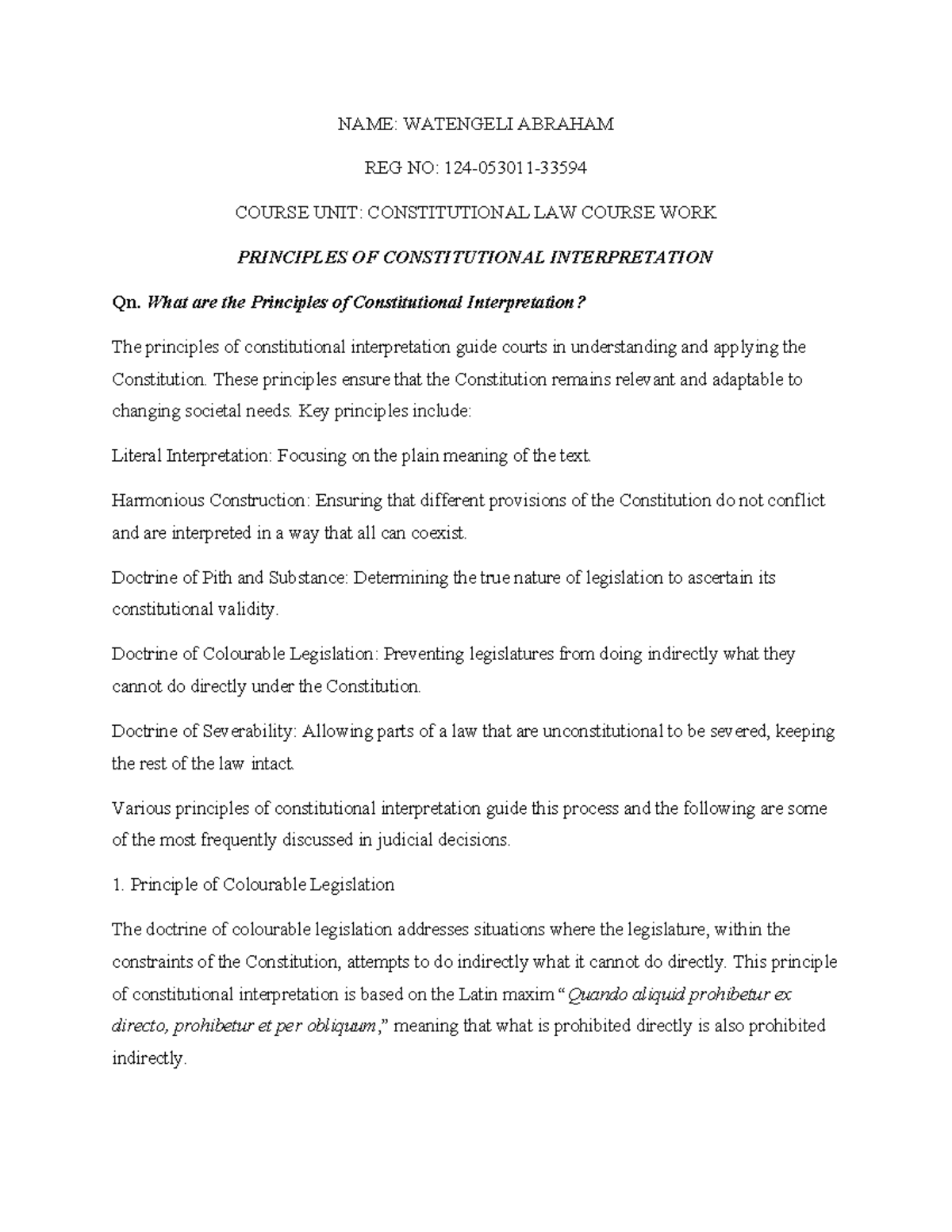 Constitutional Law Course Work: Principles of Constitutional ...