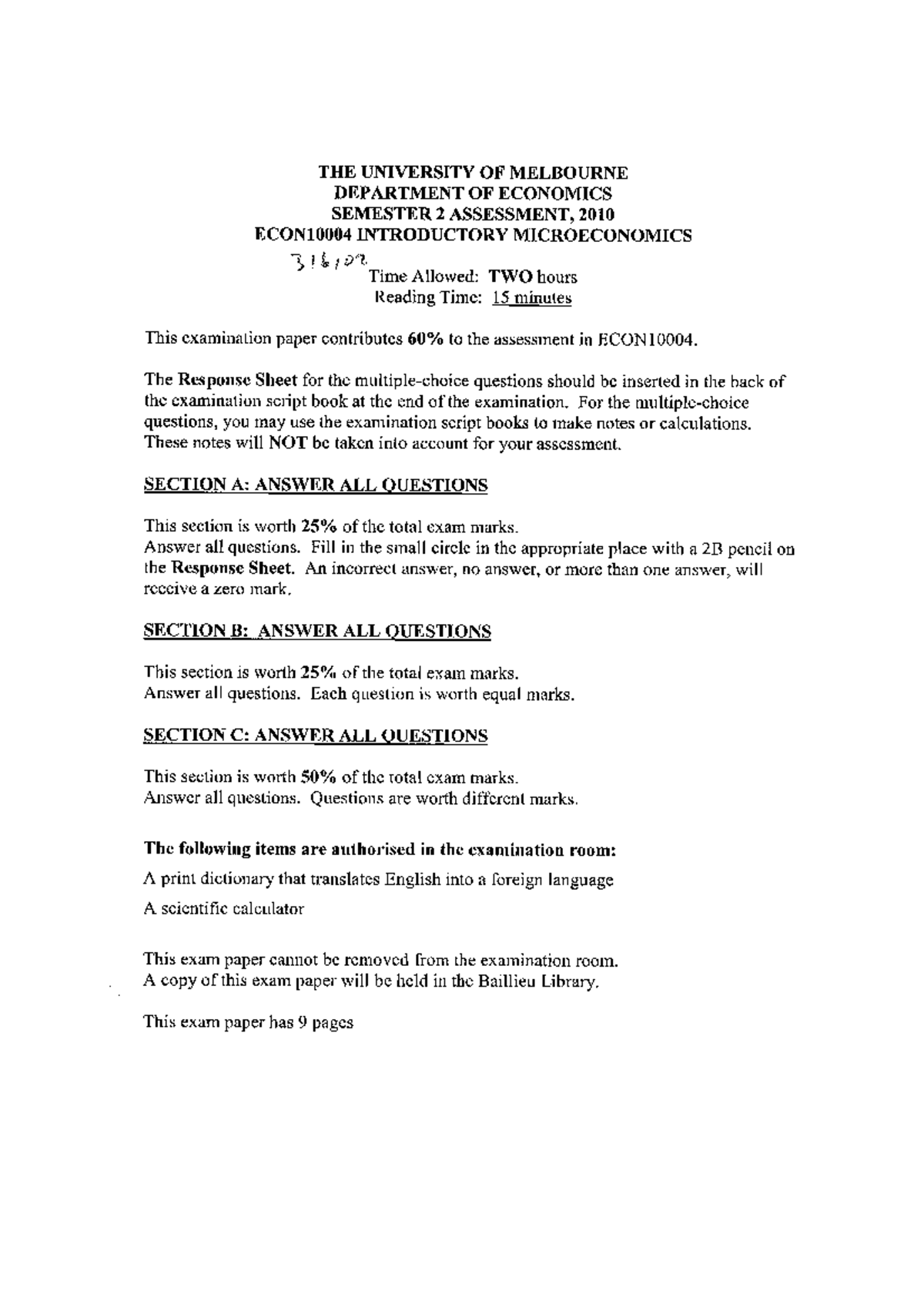 316102 S2 2010 Introductory Microeconomics Exam Paper - Studocu
