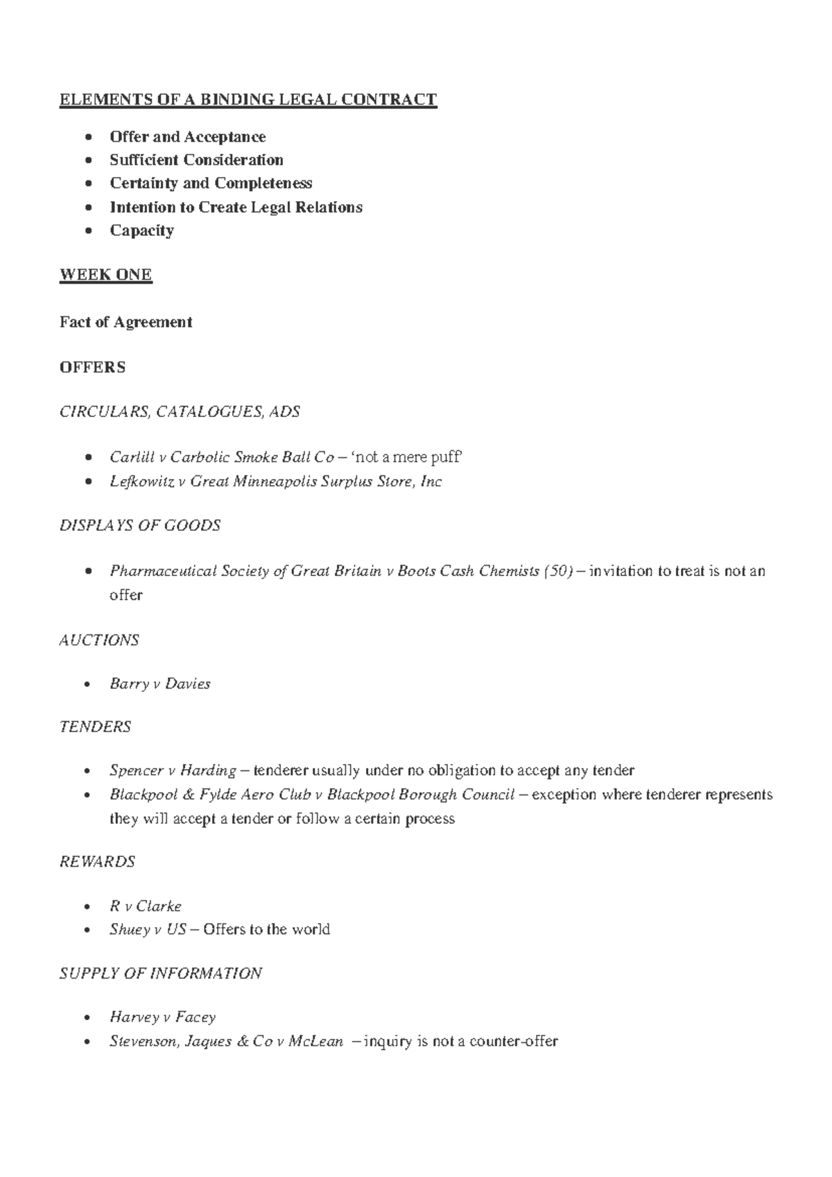 LAW 101: Week 1 Exam Notes on Legal Contracts - Studocu