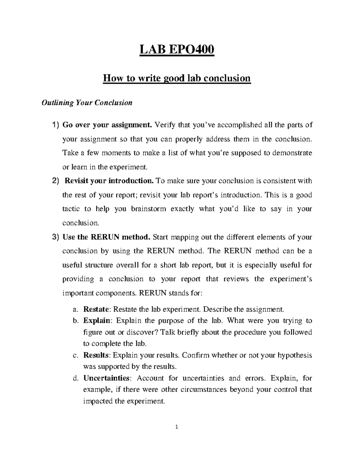 conclusion guide - 1 LAB EPO How to write good lab conclusion Outlining ...