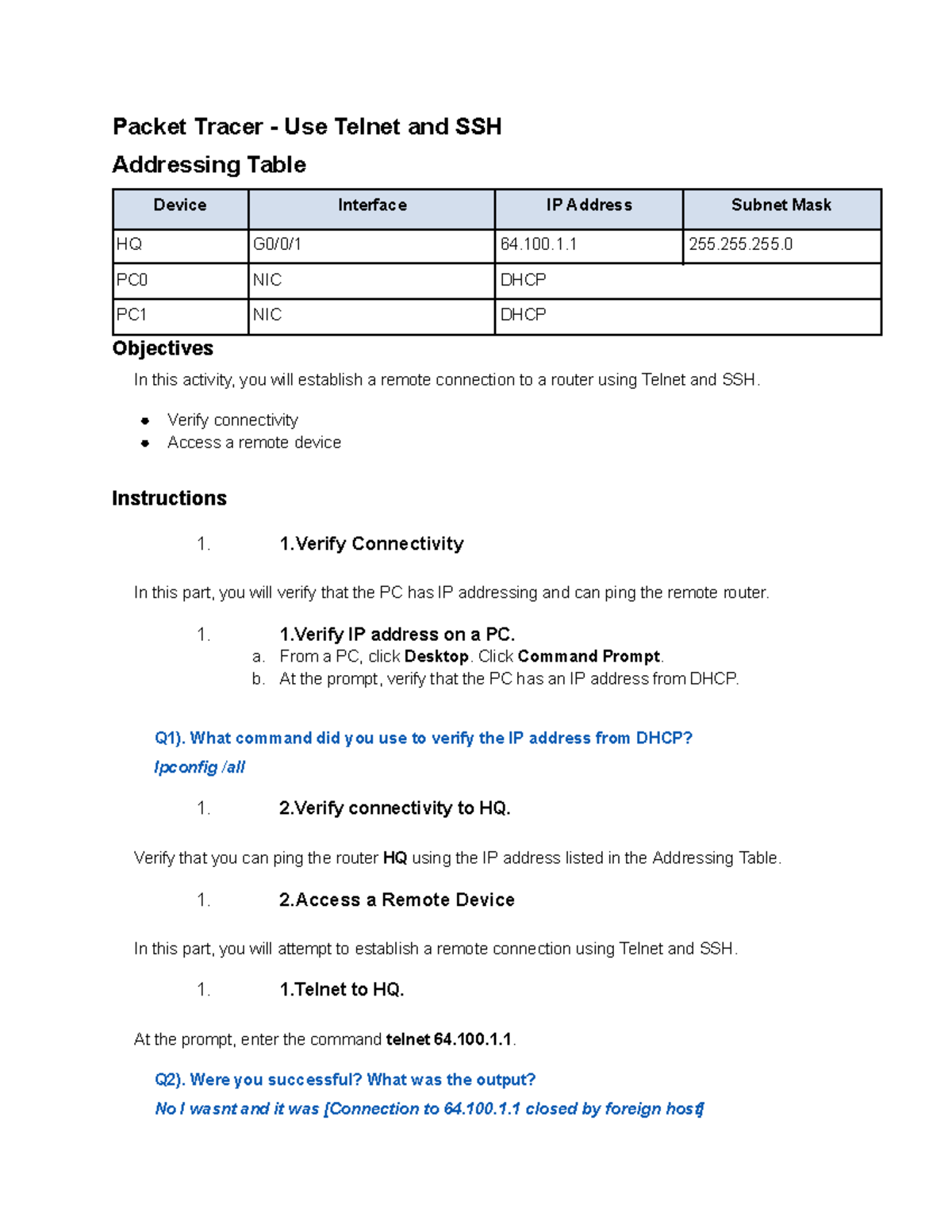 IT120HW3 - Cisco Packet Tracer: Telnet & SSH Remote Access Guide - Studocu