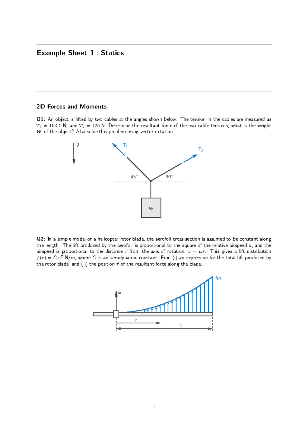CADE10003 - Eng Sci A - Mechanics - Example Sheet 1: Forces & Moments ...
