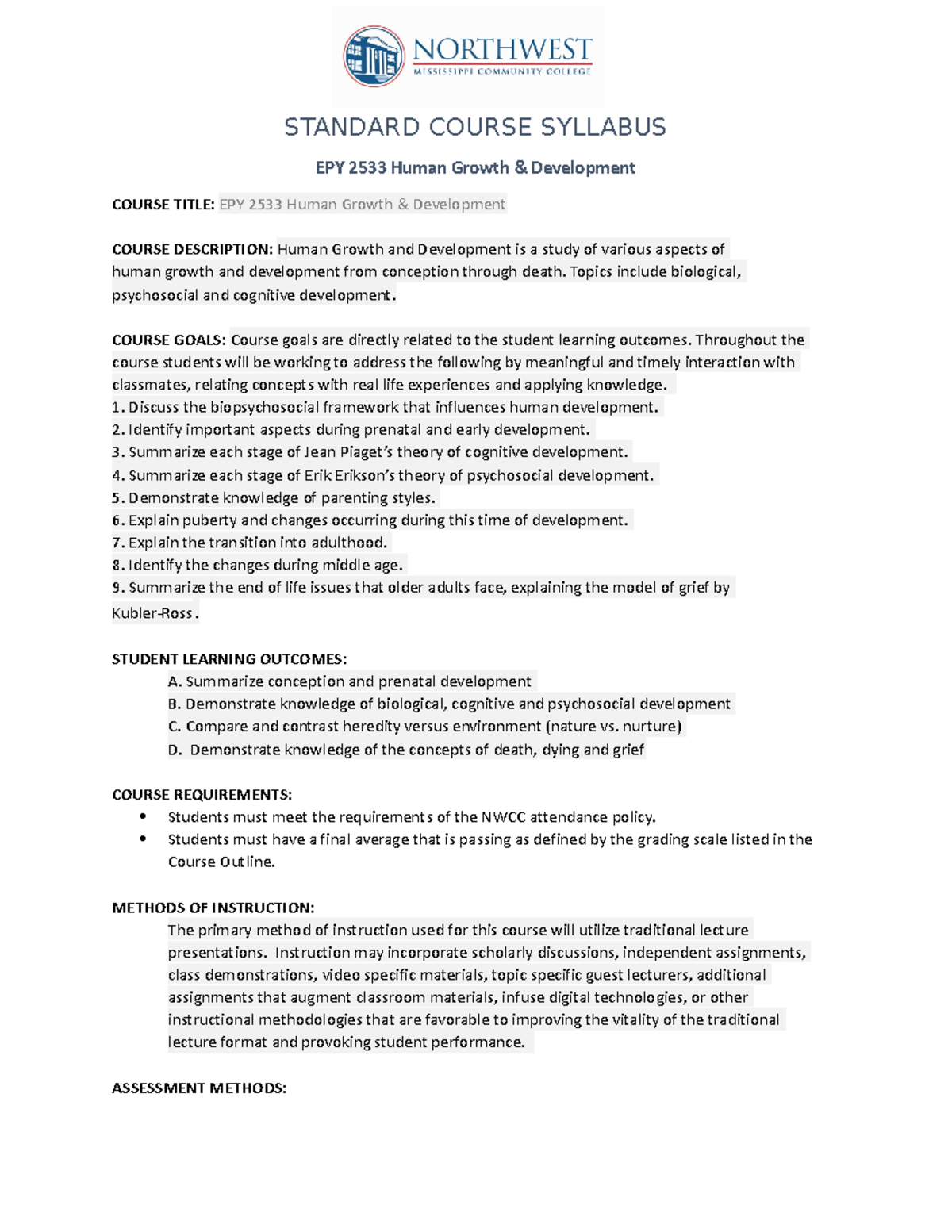 EPY2533 FL23 Standard Course Syllabus: Human Growth & Development - Studocu