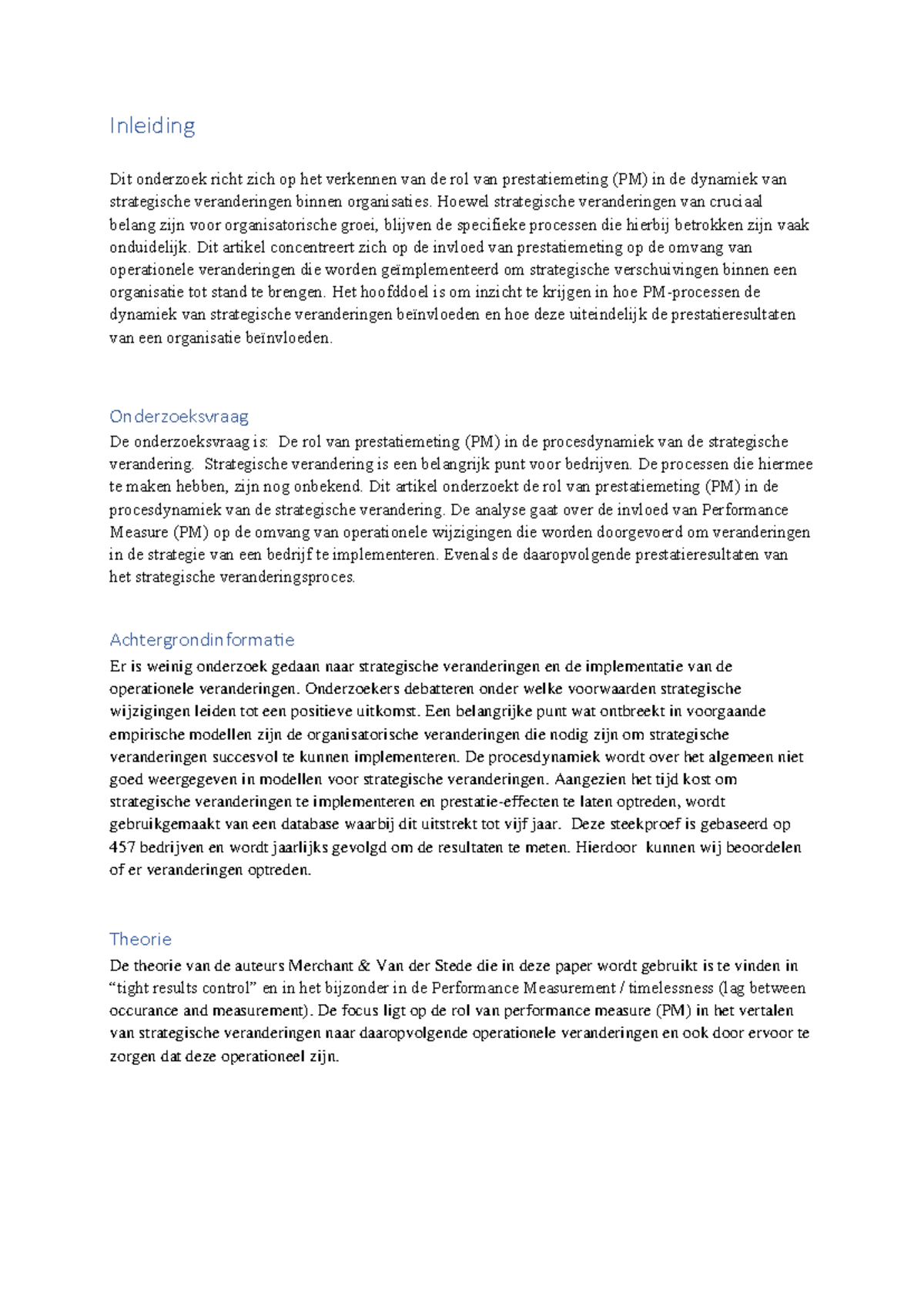 PM in de Dynamiek van Strategische Verandering: Onderzoek en ...