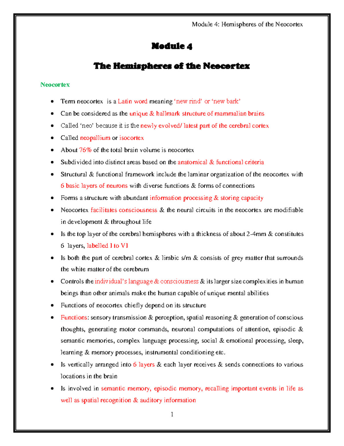 Module 4: Hemispheres of the Neocortex - Summary and Key Concepts - Studocu