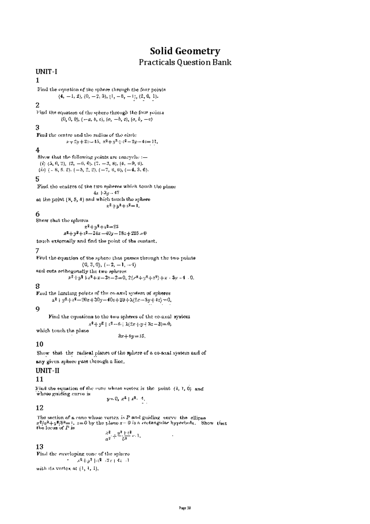 Solid Geometry Practical Questions Bank for B.Sc Mathematics CBCS - Studocu