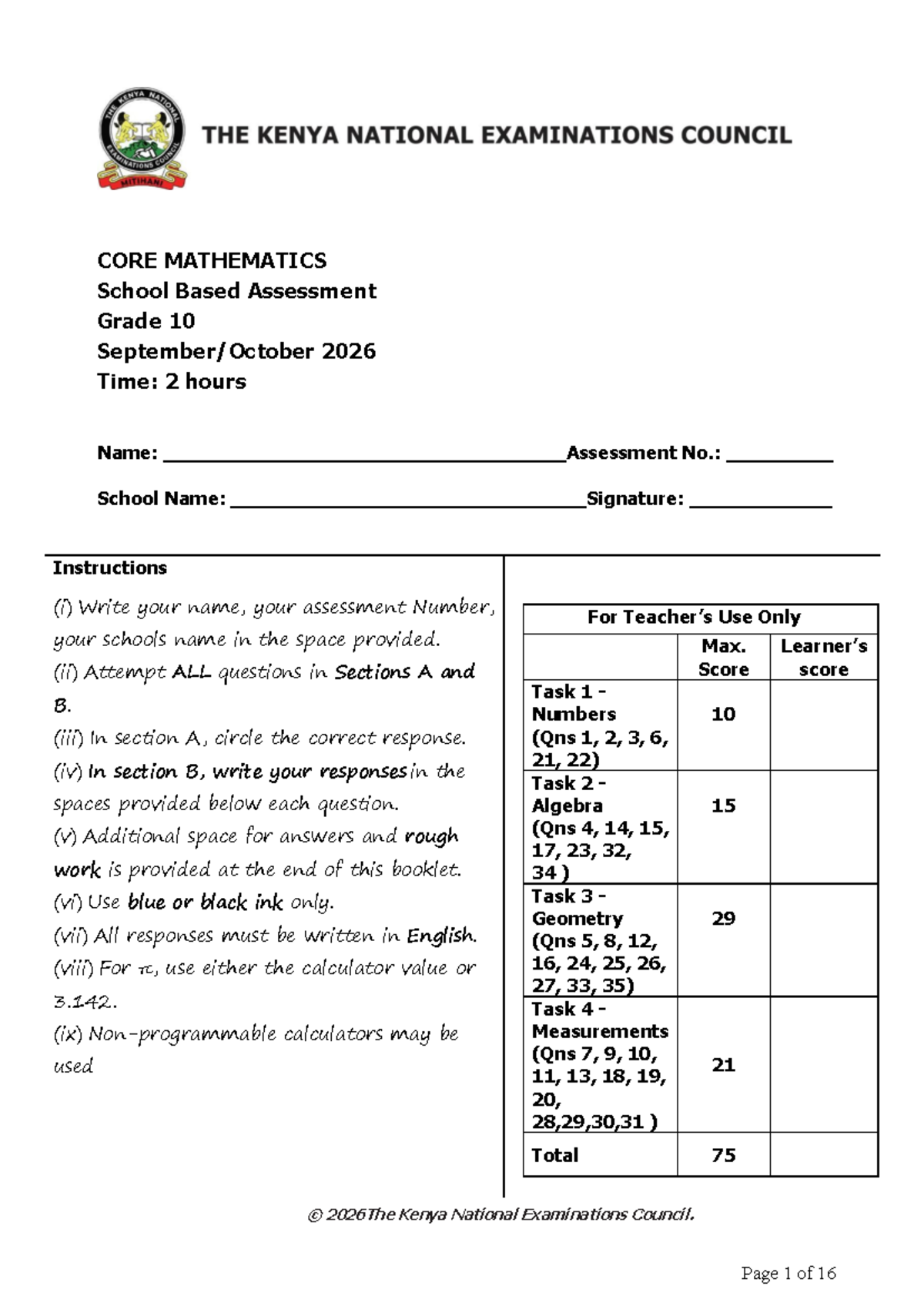 CORE MATHEMATICS Grade 10 End Year Assessment 2026 - Studeersnel