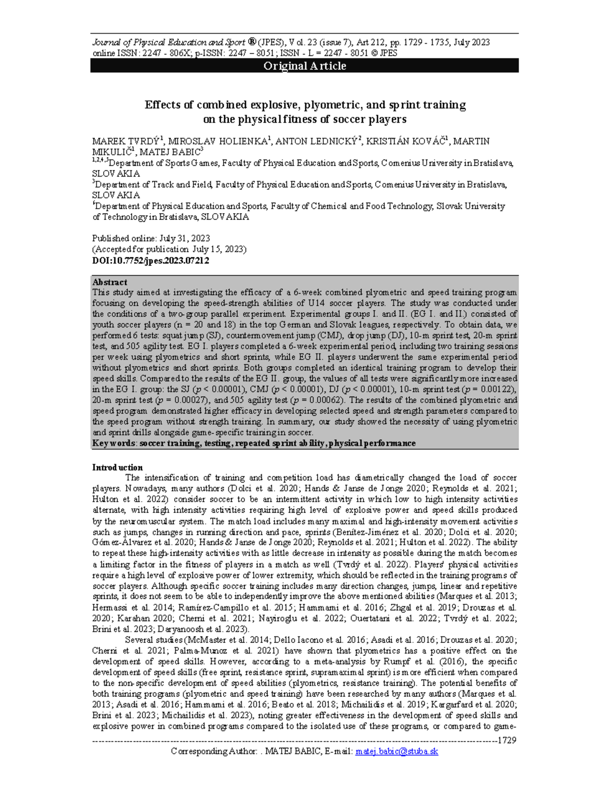 Effects of Combined Plyometric and Speed Training on U14 Soccer Players ...