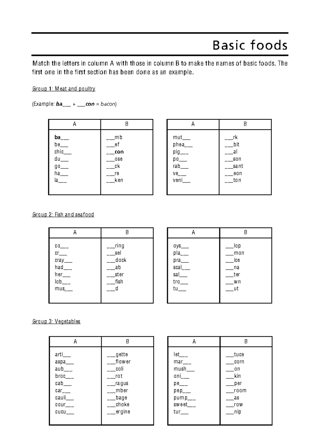 Food Vocabulary - Basic Foods Matching Exercise - Studocu