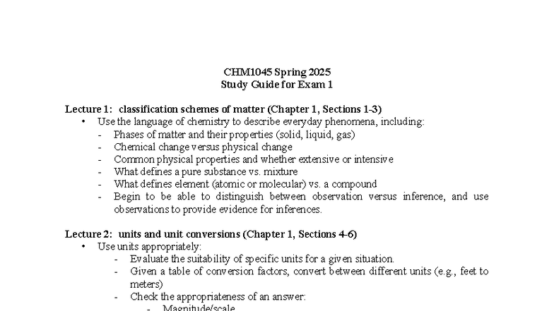 CHM1045 Spring 2025 Study Guide for Exam 1: Lectures 1-7 Overview - Studocu