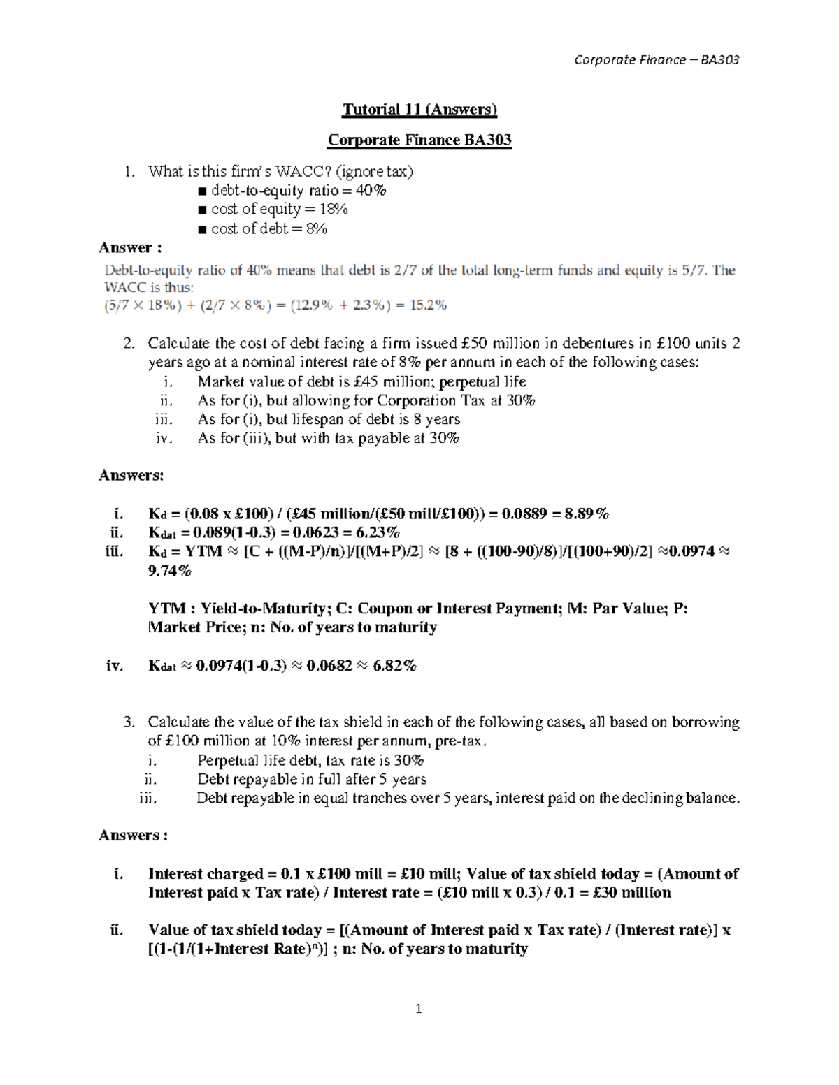 Corporate Finance BA: T11 - WACC & Cost of Capital Solutions - Studocu