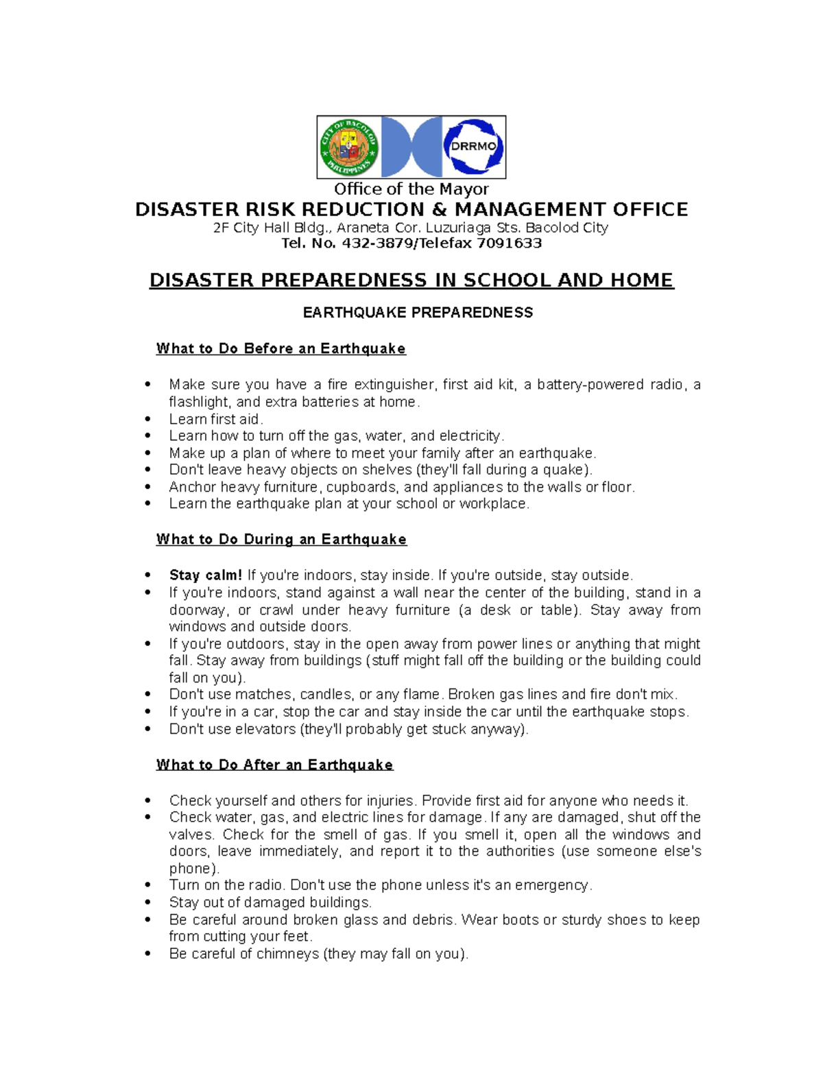 Disaster Preparedness in School Home - Office of the Mayor DISASTER ...