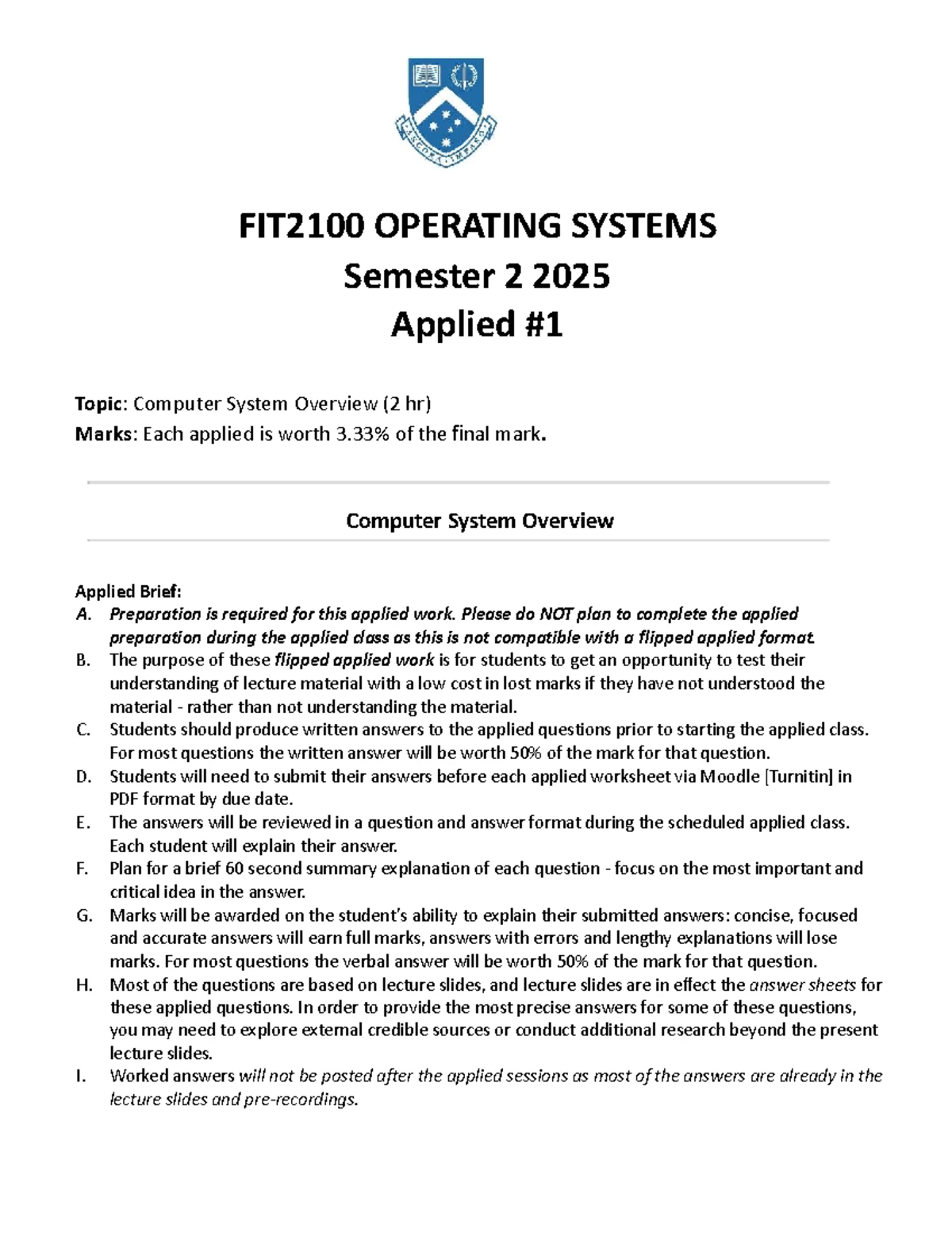 FIT2100 Operating Systems Applied Work: Computer System Overview - Studocu