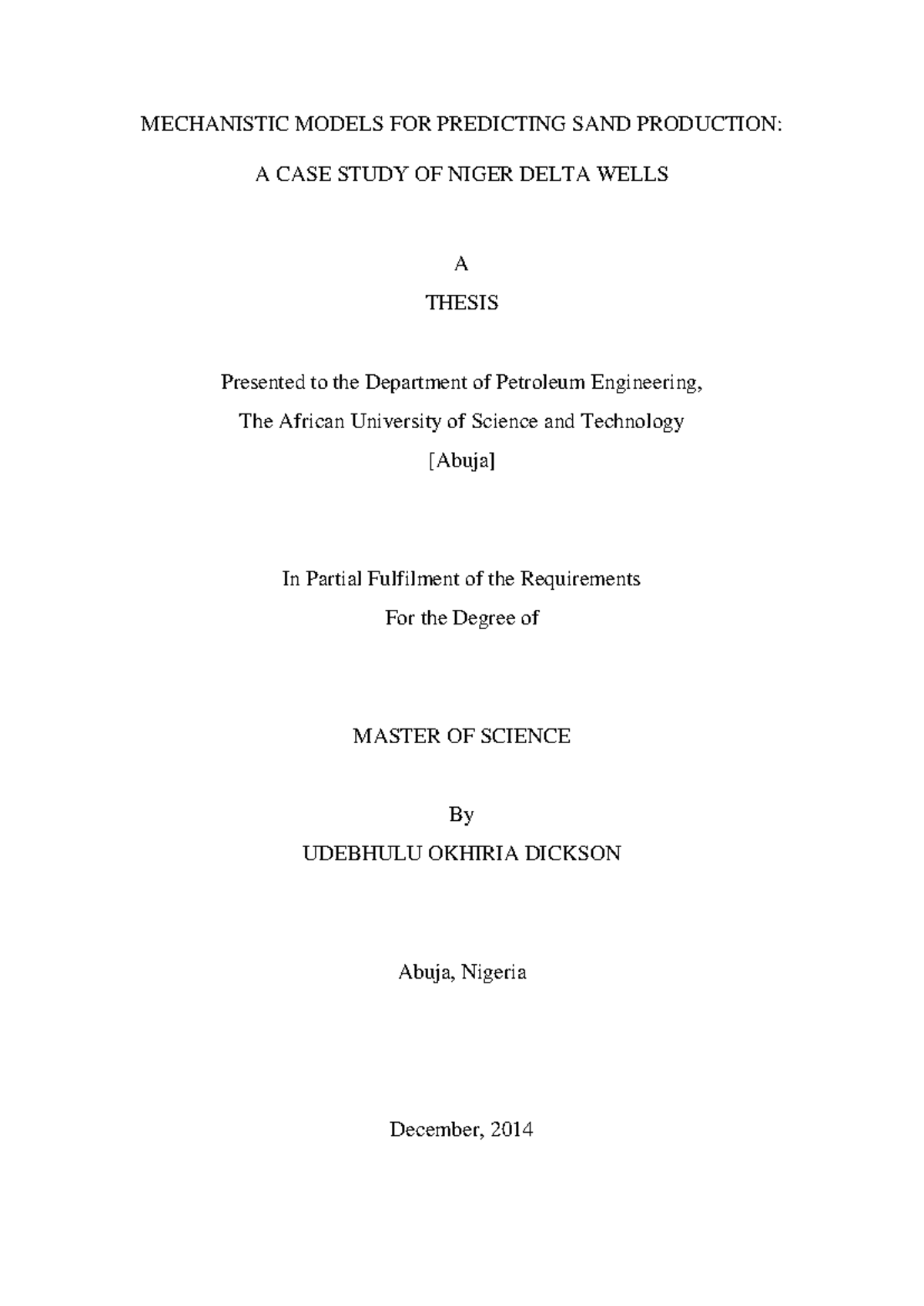 Mechanistic Models for Predicting Sand Production in Niger Delta Wells ...