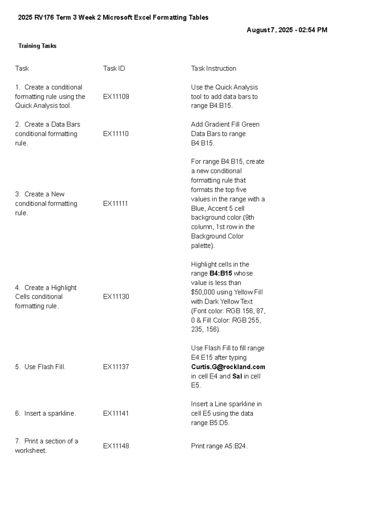 RV176 Term 3 Week 2: Excel Formatting Tasks & Instructions - Studocu