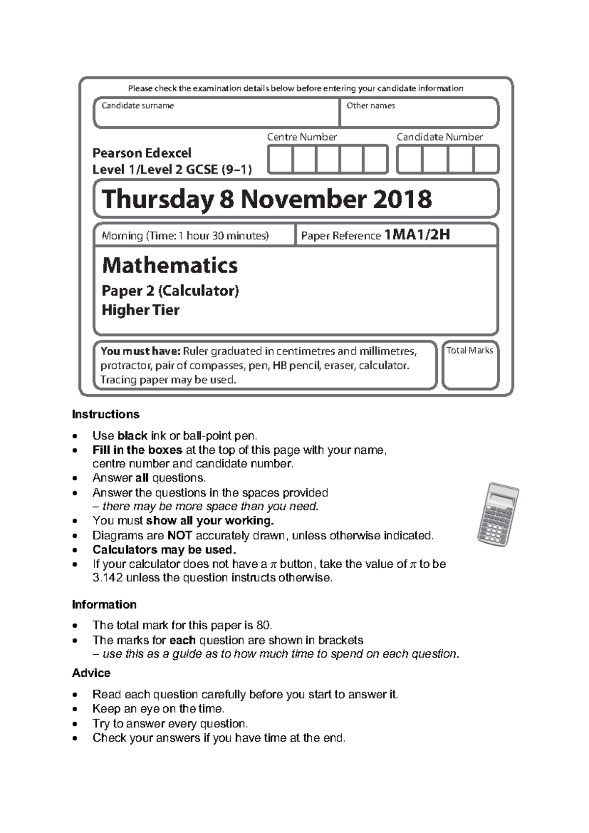Mathematics Paper 2H (Calculator) November 2018 - Shadow Set 1 - Studocu