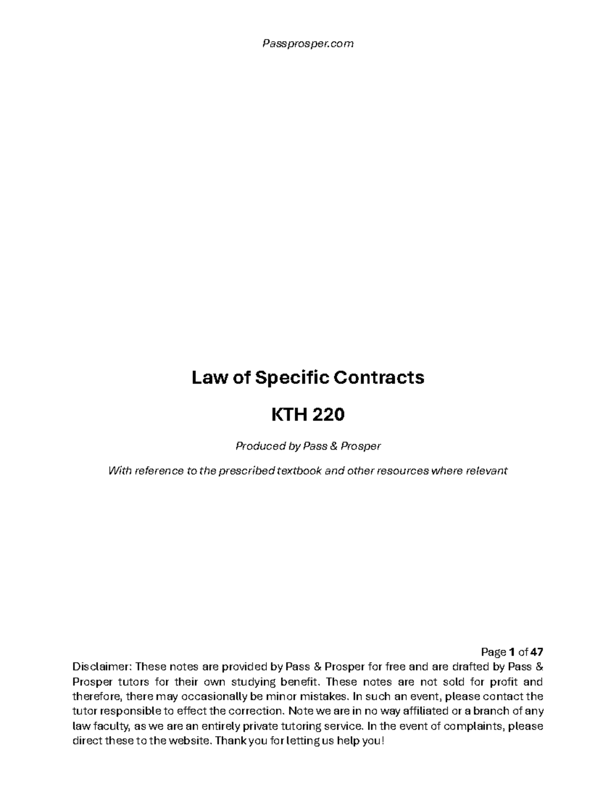 KTH 220 Law of Specific Contracts: Sem Test 2 Study Notes - Studocu