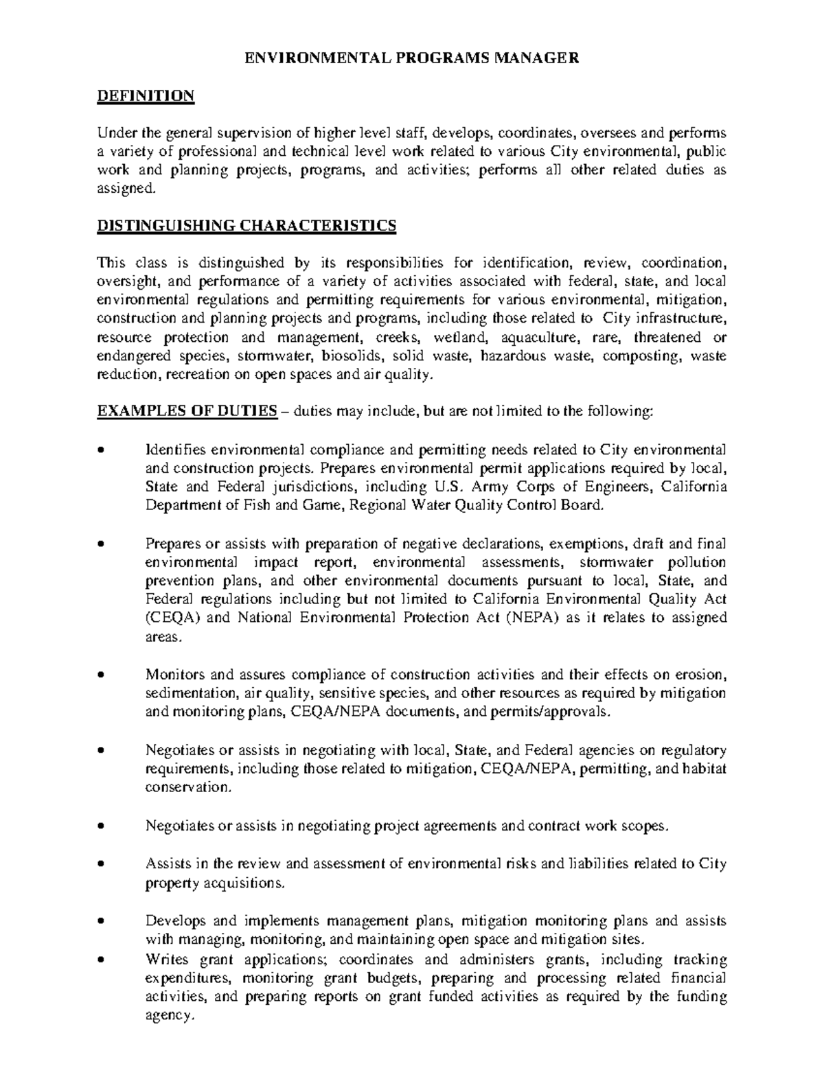 Environmental Programs Manager Overview and Responsibilities (2015 ...