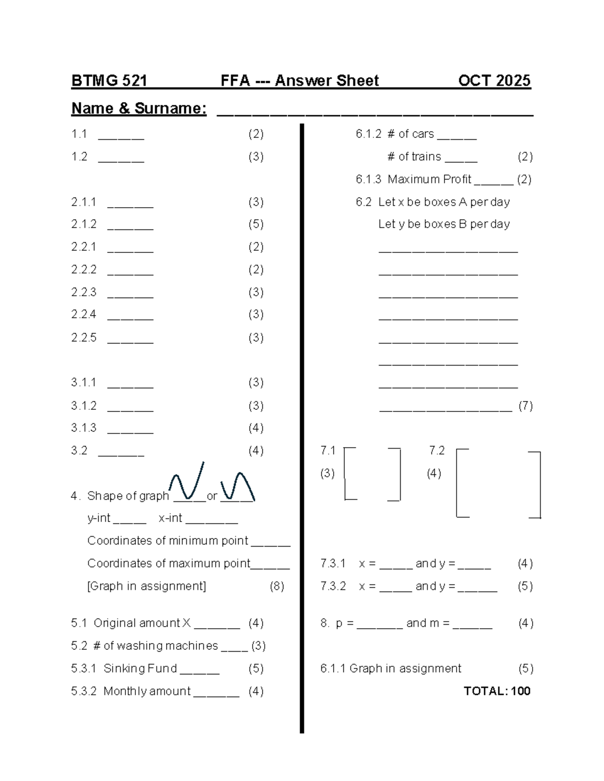 BTMG 521 FFA - Answer Sheet for October 2025 Exam - Studocu
