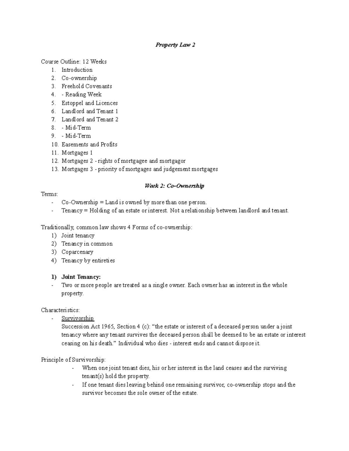 Property Law 2 - Lecture Notes: Co-Ownership & Freehold Covenants - Studocu