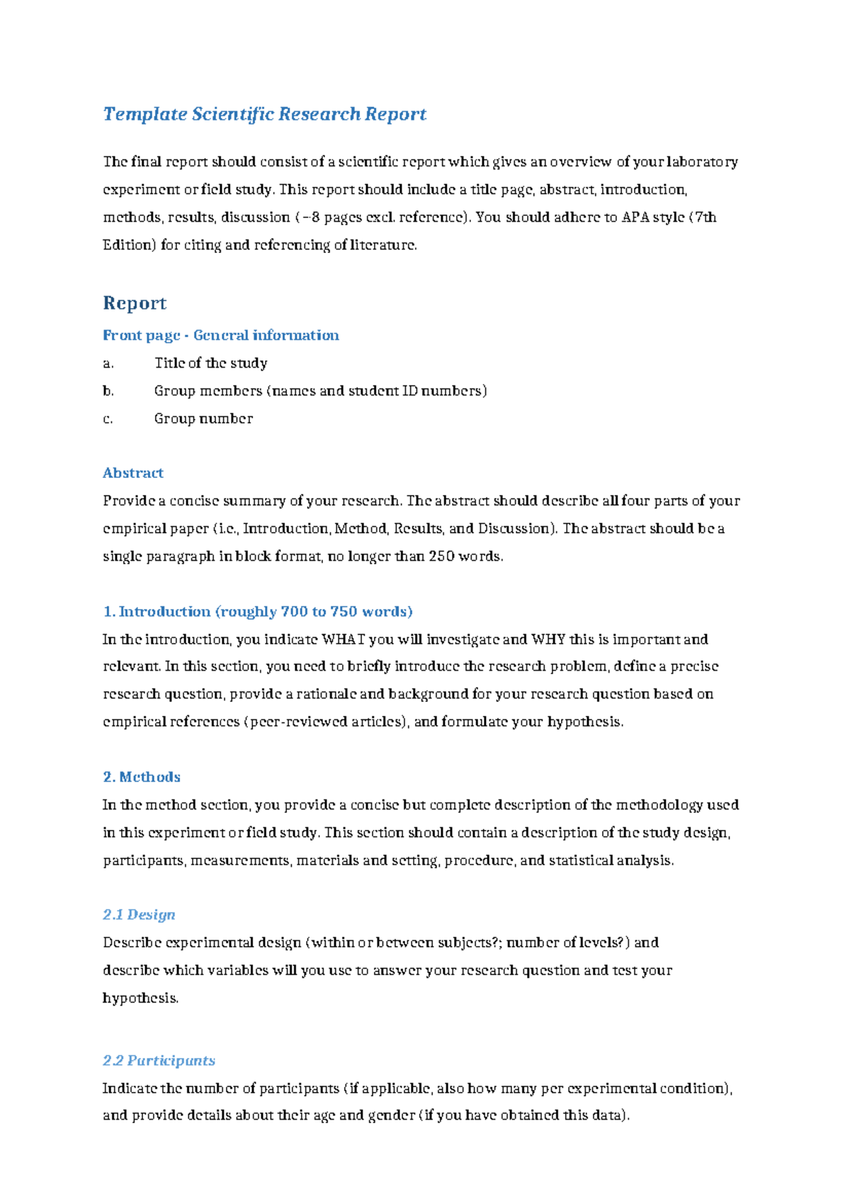 Template Final Research Report for Scientific Studies (APA 7th Ed ...