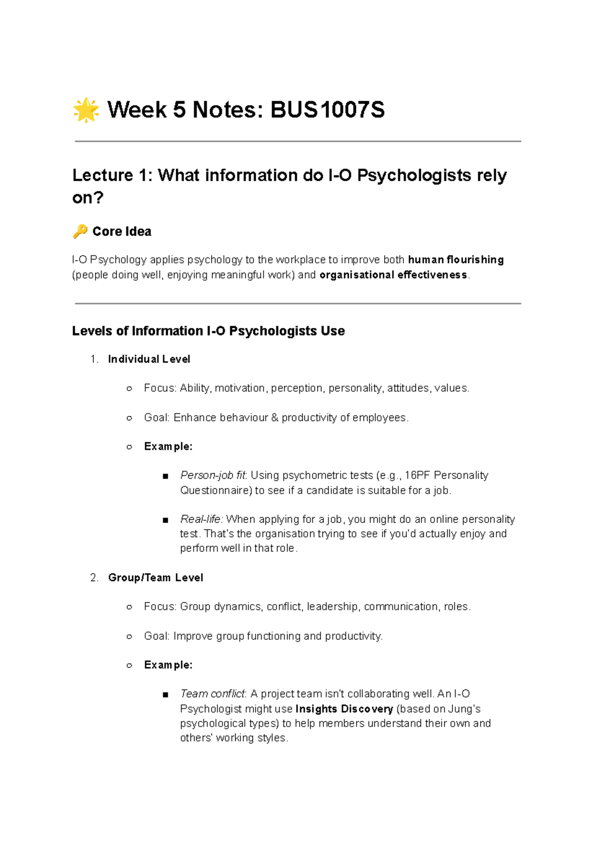 Week 5 Lecture Notes: BUS1007S - Psychology in the Workplace - Studocu