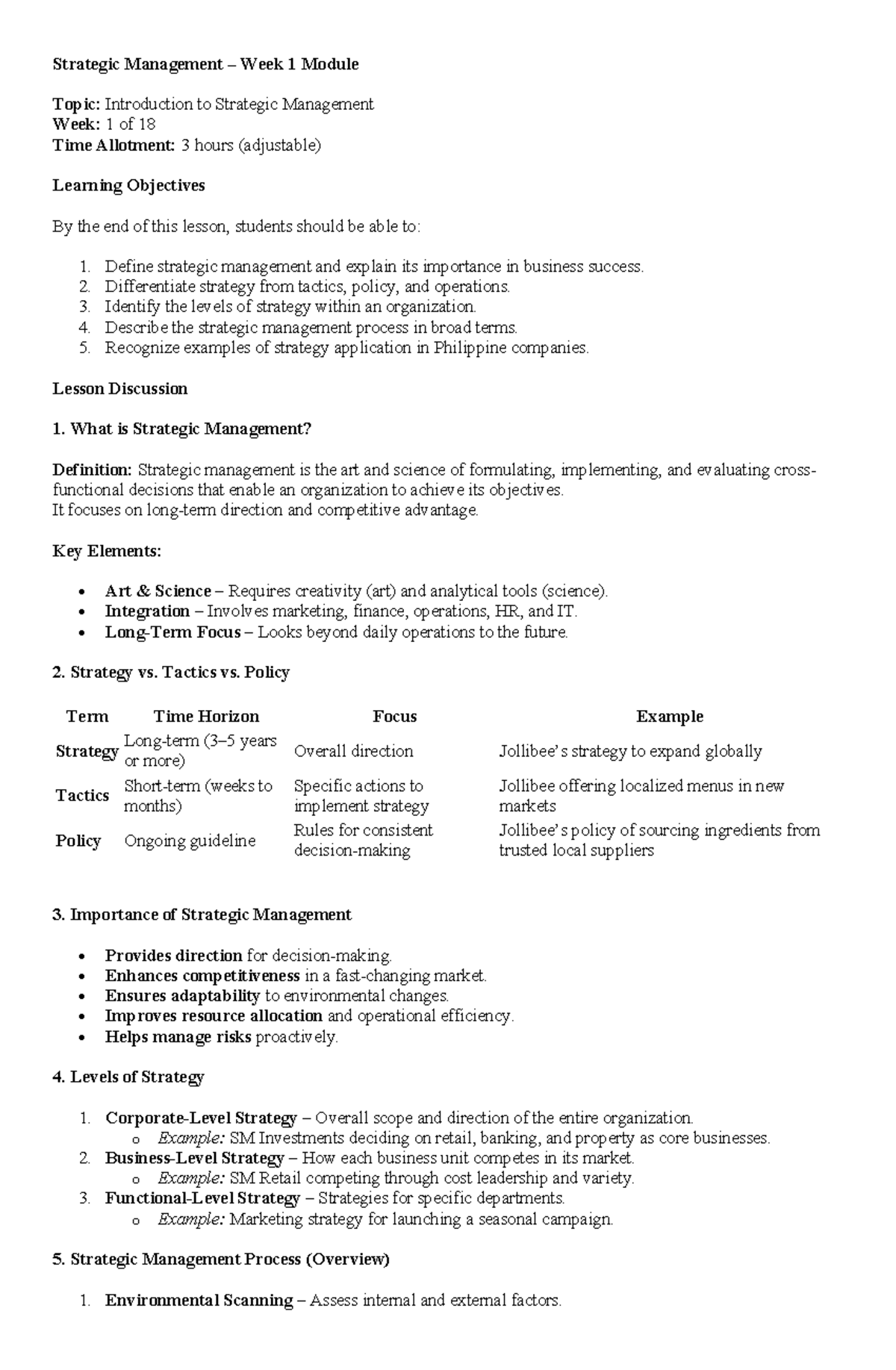 Strategic Management 101: Week 1 Intro & Key Concepts - Studocu