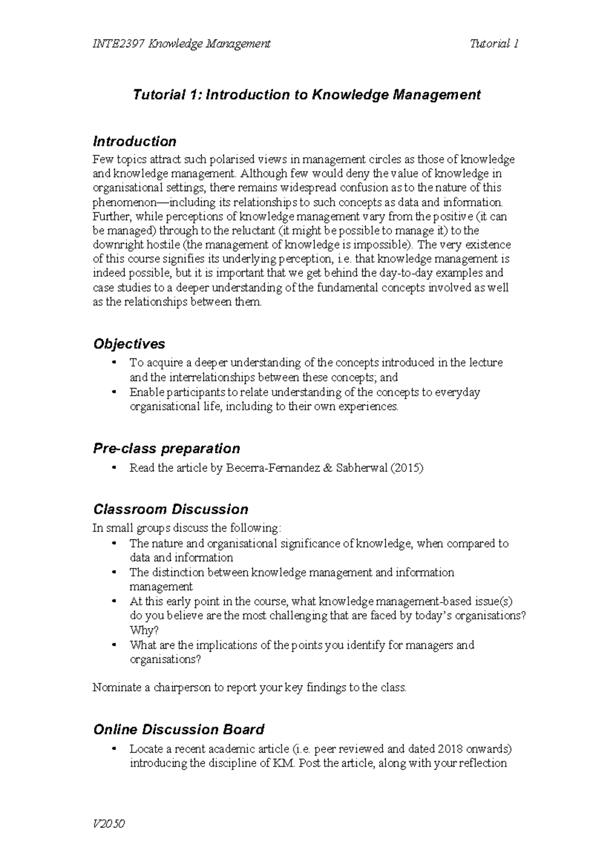 INTE2397 Tutorial 1: Intro to Knowledge Management Concepts - Studocu