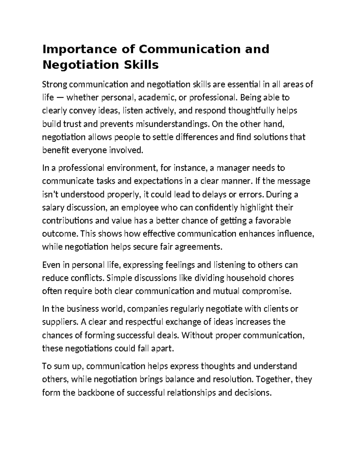 BCom H 22: Importance of Communication & Negotiation Skills - Studocu