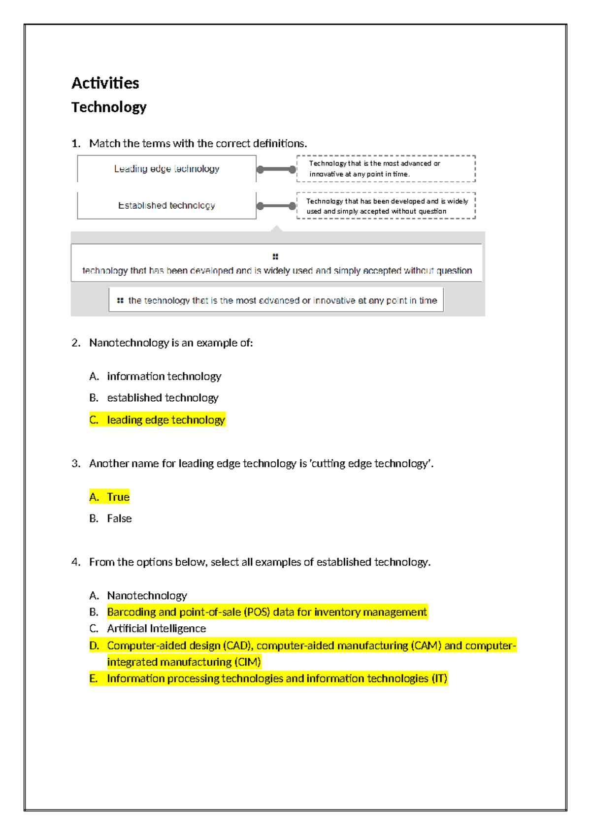 Technology Activities Worksheet Yr 12: Definitions & Examples - Studocu