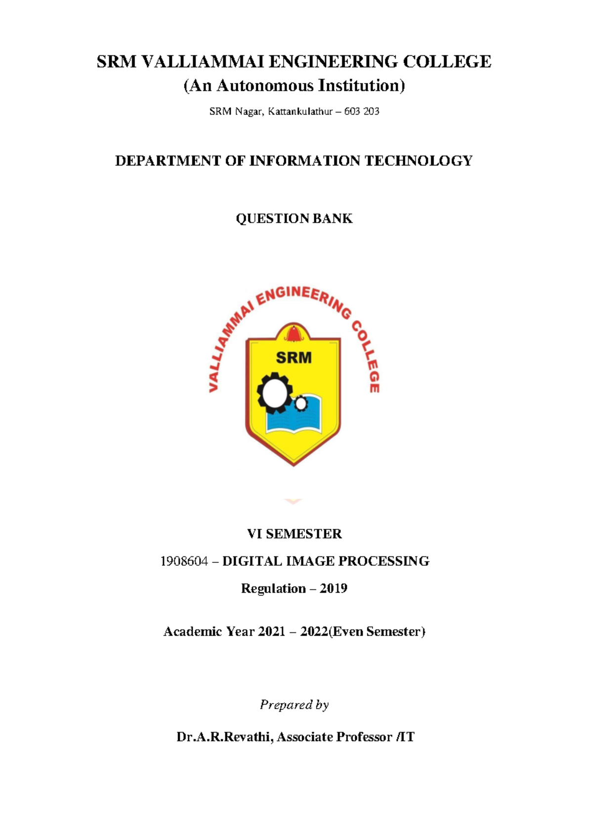 1908604 Digital Image Processing Question Bank for VI Semester - Studocu