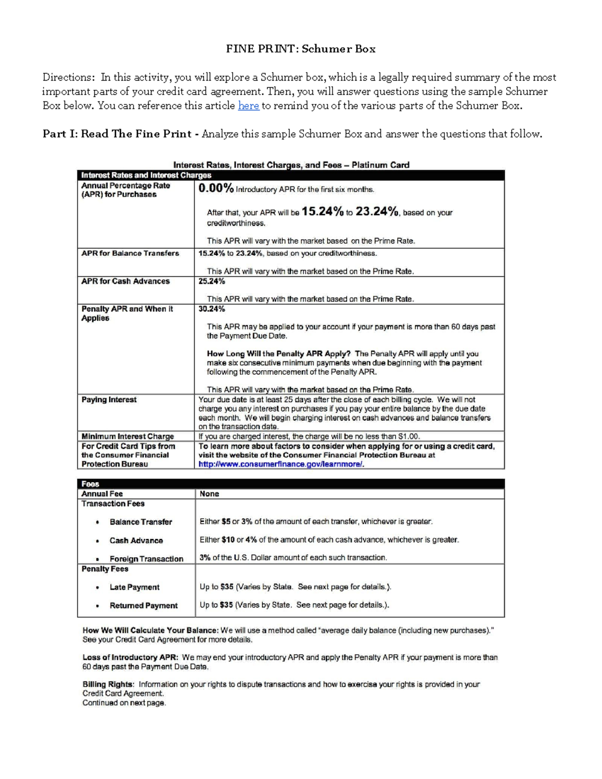 FINE PRINT: Schumer Box Analysis & Credit Card Agreement Insights - Studocu