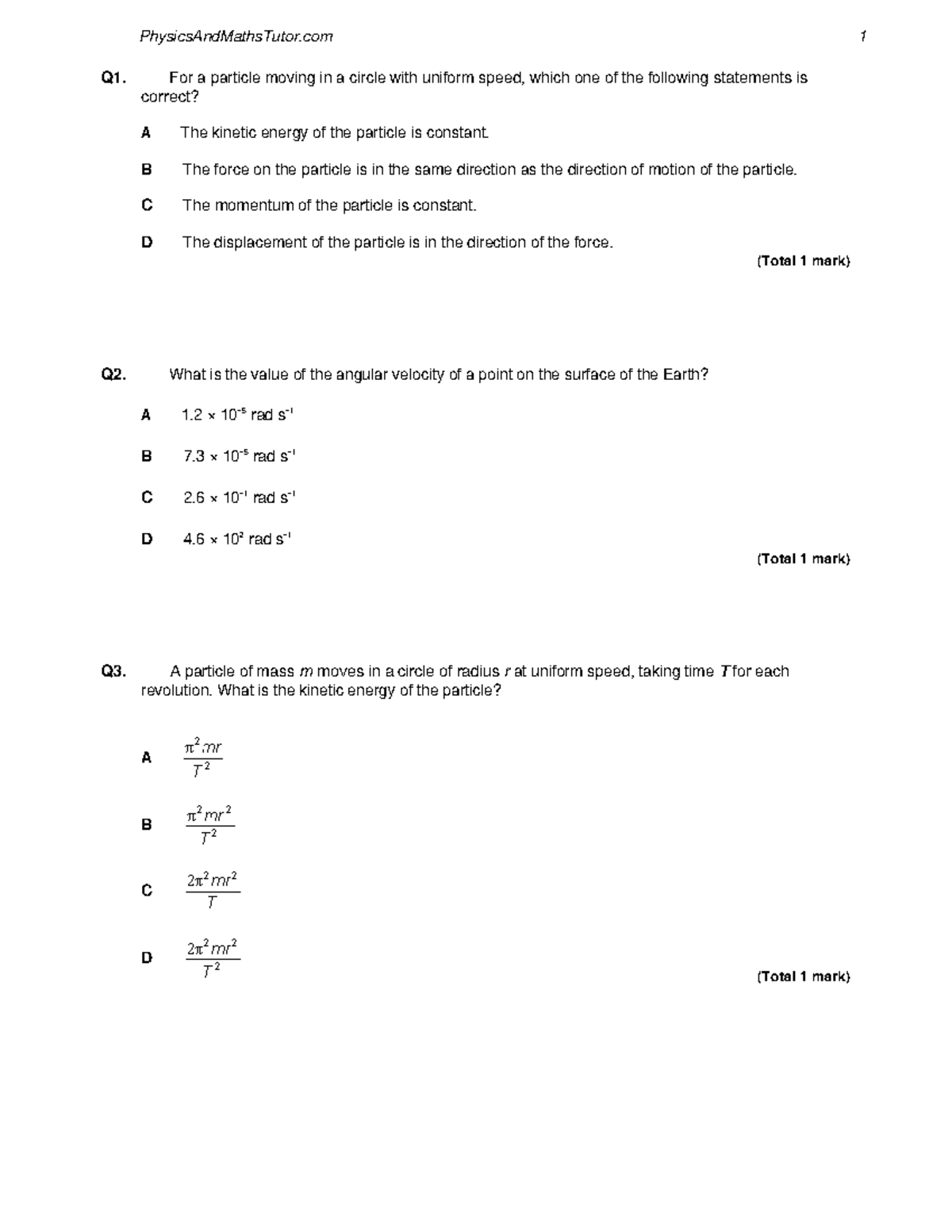 4.2.1 Circular Motion - Topical Question exercise - Q1. For a particle ...