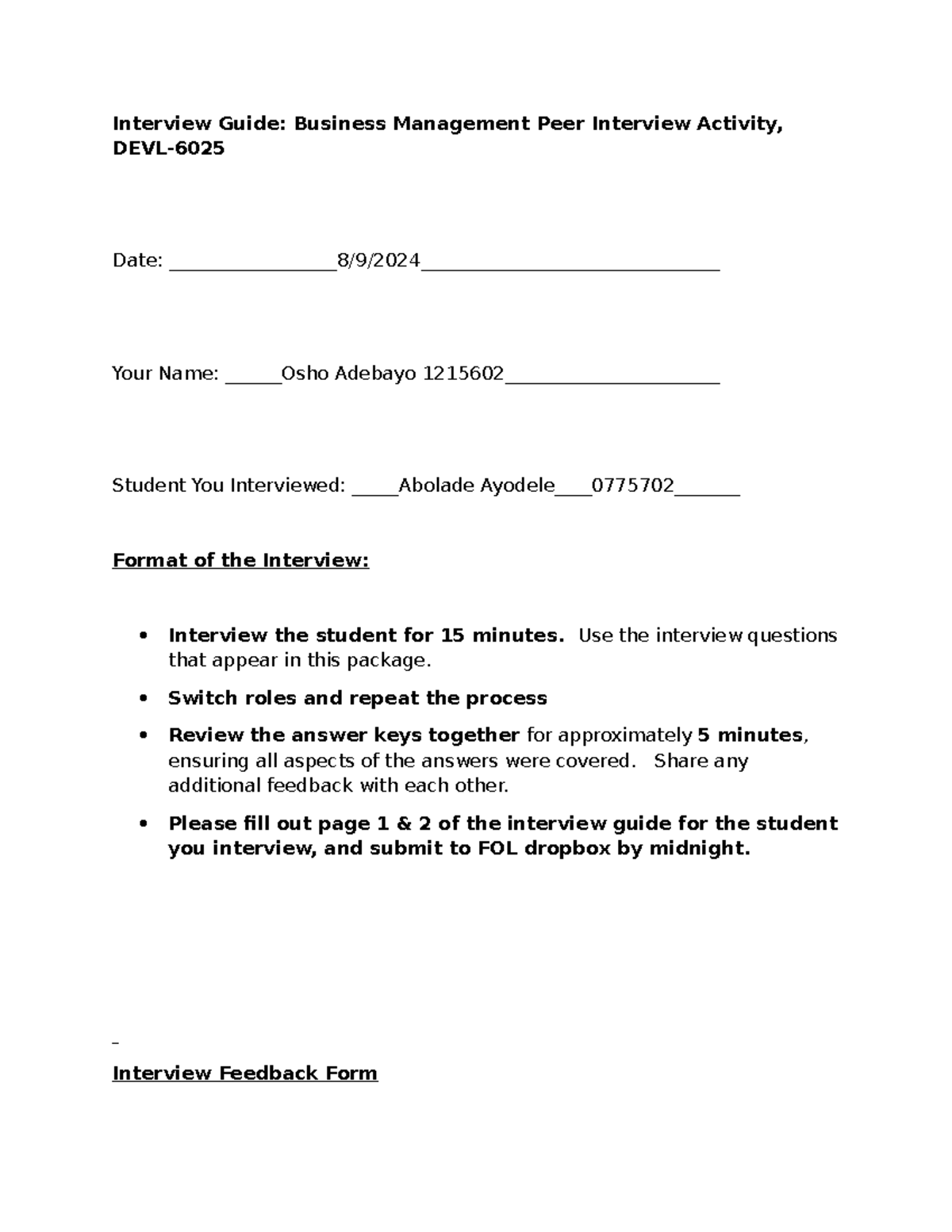 Business Management Peer Interview Guide: Activity & Feedback - Studocu