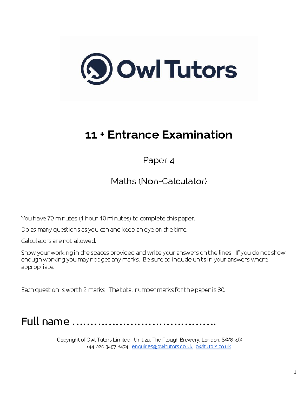 11Plus Maths Paper 4 - Non-Calculator Exam Questions and Answers - Studocu