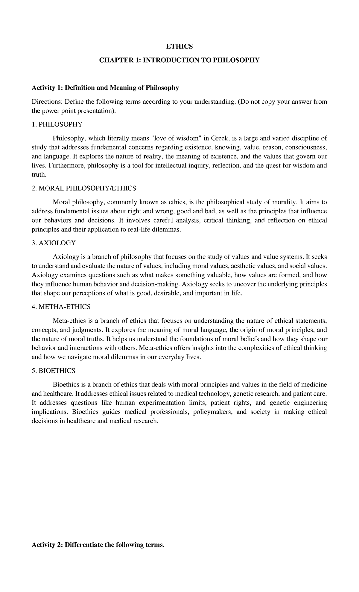 Ethics Chapter 1: Introduction to Philosophy (Prelims Activity) - Studocu